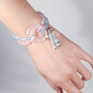 天然星光粉晶 平安扣 海藍寶 手鍊 跨旗 能量 情人 開運 禮物