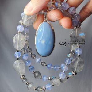 頂級 藍天使石 與天連結 灰髮晶 雲水晶 冰藍紋瑪瑙 長項鍊 單品 禮物