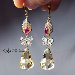 天然 頂級 黃水晶 財富之石 鑽切 羽 智慧 招財 升官 事業 耳環 禮物