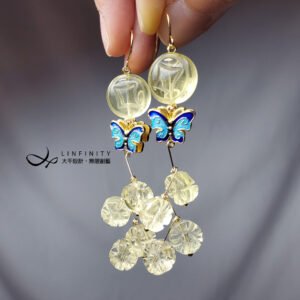 天然 頂級 黃水晶古錢 花開富貴 琺瑯 蝴蝶 福氣 招財 耳環 單品 禮物