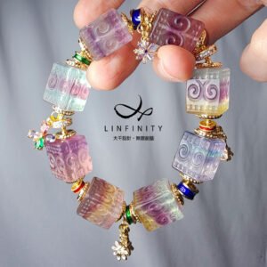 頂級彩虹螢石 回紋 雁塔題名 智慧 吉祥 大寶石手鍊 單品 禮物