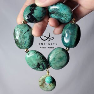 珍稀高瓷綠松石 古錢招財 水墨 智慧吉祥 大寶石手鍊 單品 禮物