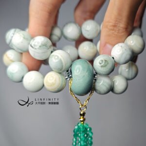 稀有綠阿拉善瑪瑙 天眼紋 古錢招財 流蘇 心輪 2排手鍊 單品 禮物