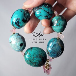 珍稀高瓷藍松石 水墨 粉碧璽 招財 智慧 大寶石手鍊 單品 禮物