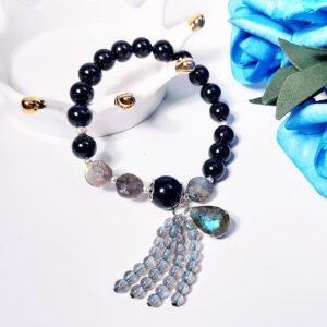 頂級黑髮晶 藍光灰拉長石 領袖 能量 手鍊 開運 情人 招財 禮物
