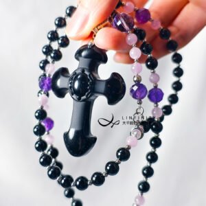 頂級黑曜石 黑碧璽 紫水晶 玫瑰念珠 天主聖物 十字架項鍊 禮物