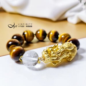 頂級黃金虎眼石 金貔貅 龍戲珠 心經白水晶 招財 手鍊 單品 禮物
